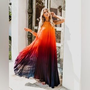 NWT Vici Fiji Pleated Ombre Halter Maxi Dress - Sunset/Plum - Large